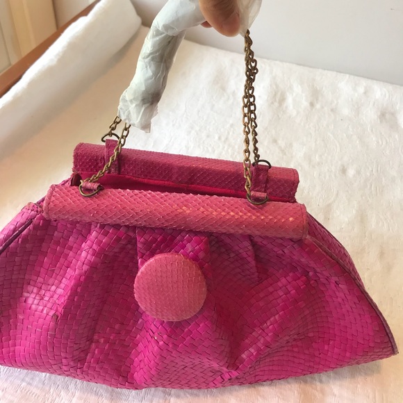 Hot Pink Python and Straw Bag w/ Chain Handle - Picture 2 of 6